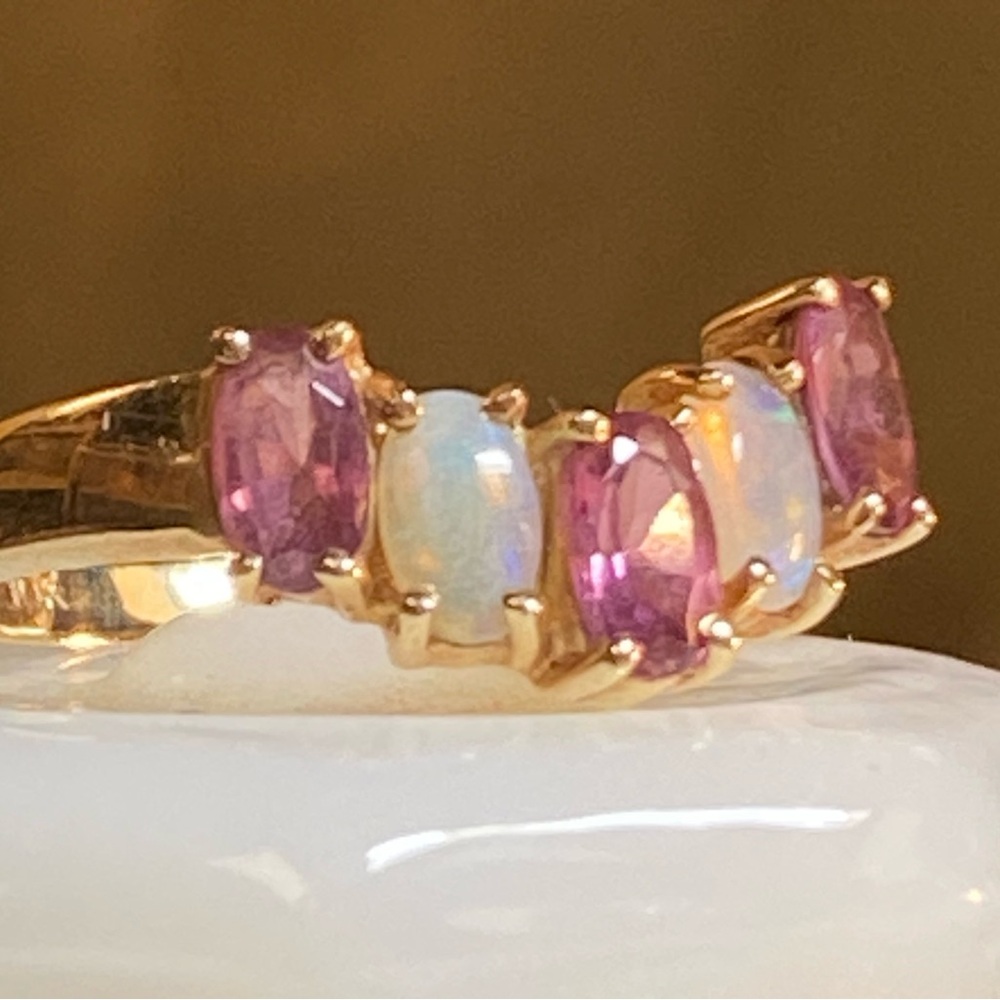 Vintage 10K Gold Opal + Amethyst 5-Stone Ring Sz 7 - Picture 3 of 11